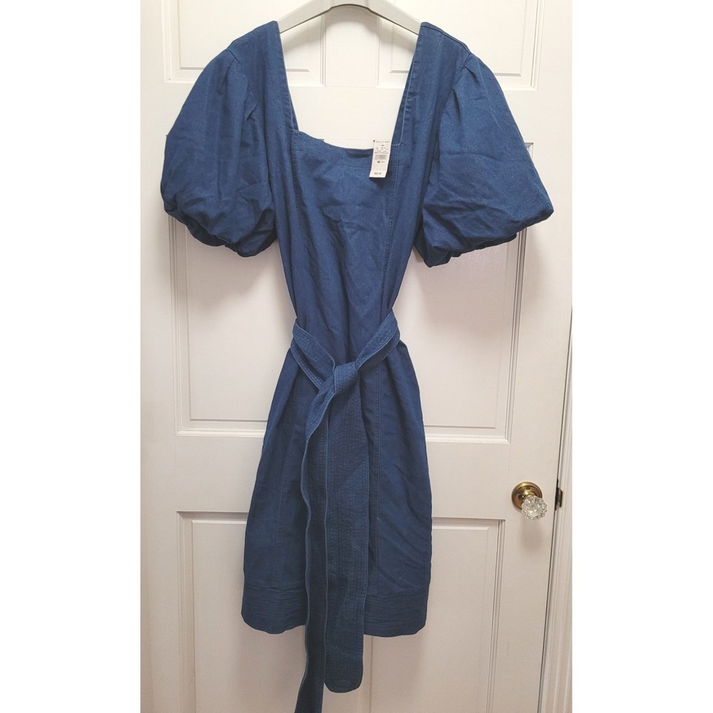 Ashley Stewart Dark Wash Denim Short Puff Balloon Sleeve Belted Dress - Sz 26/28